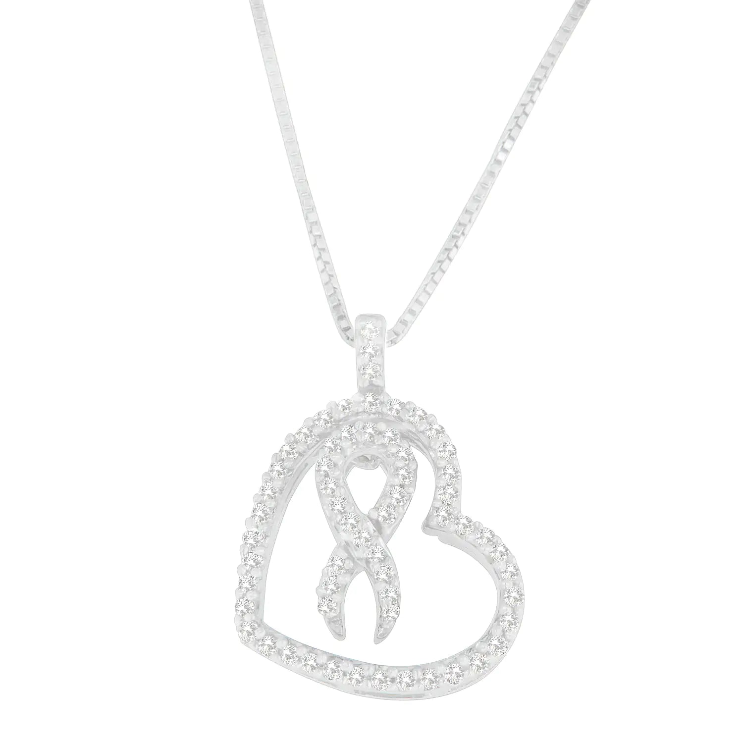 *SOLD OUT* Sterling Silver Round Cut Diamond Heart and Ribbon Pendant Necklace (0.25 cttw, H-I Color, I1-I2 Clarity) - Concordia Style Boutique