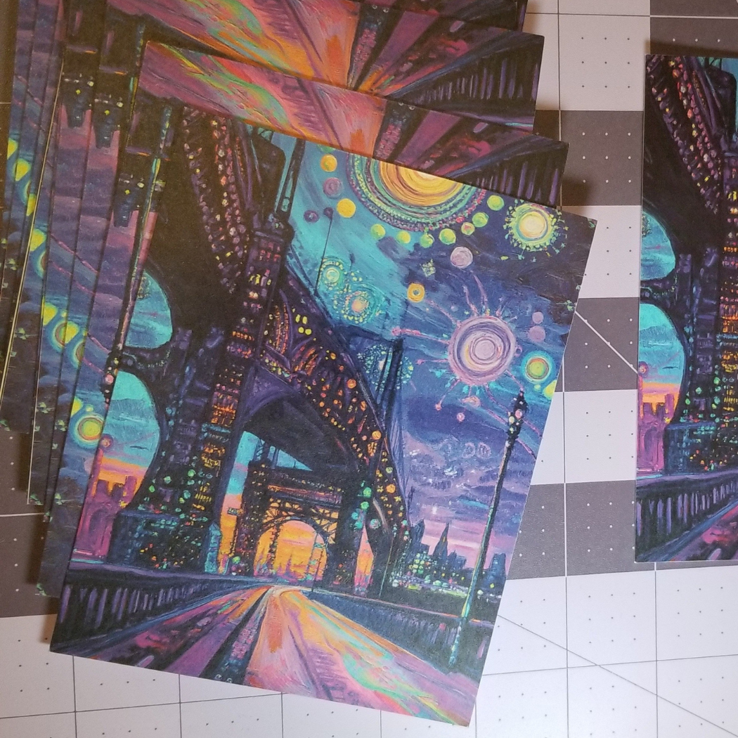 "Bright Lights" – Dreamy City Bridge Postcard - Surreal Nightscape Art Print