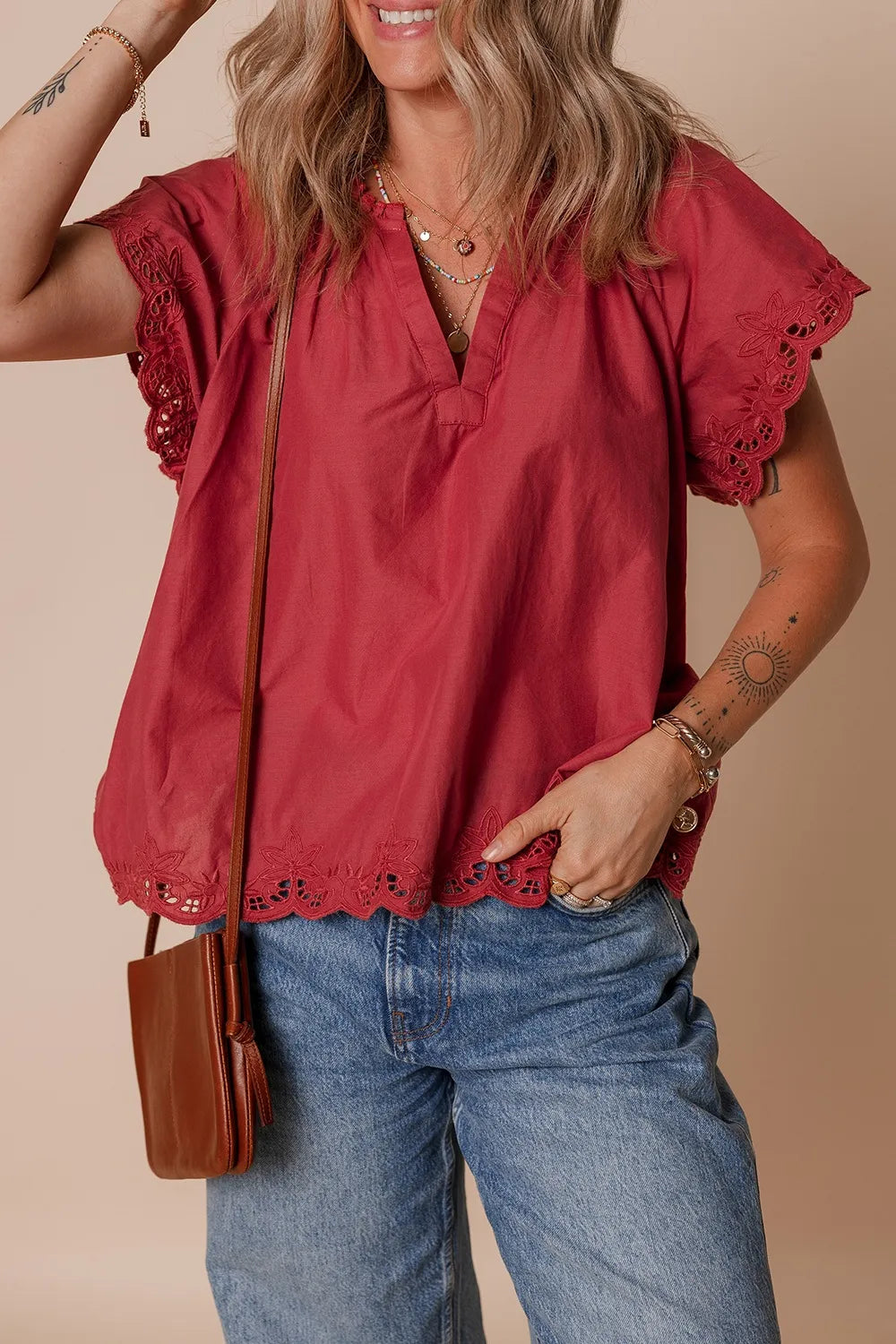 Floral Embroidered Scallop Trim Short Sleeve Notched Blouse - Concordia Style Boutique