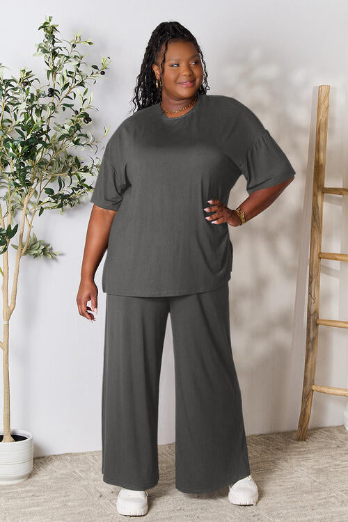 Double Take Full Size Round Neck Slit Top and Pants Set - Concordia Style Boutique