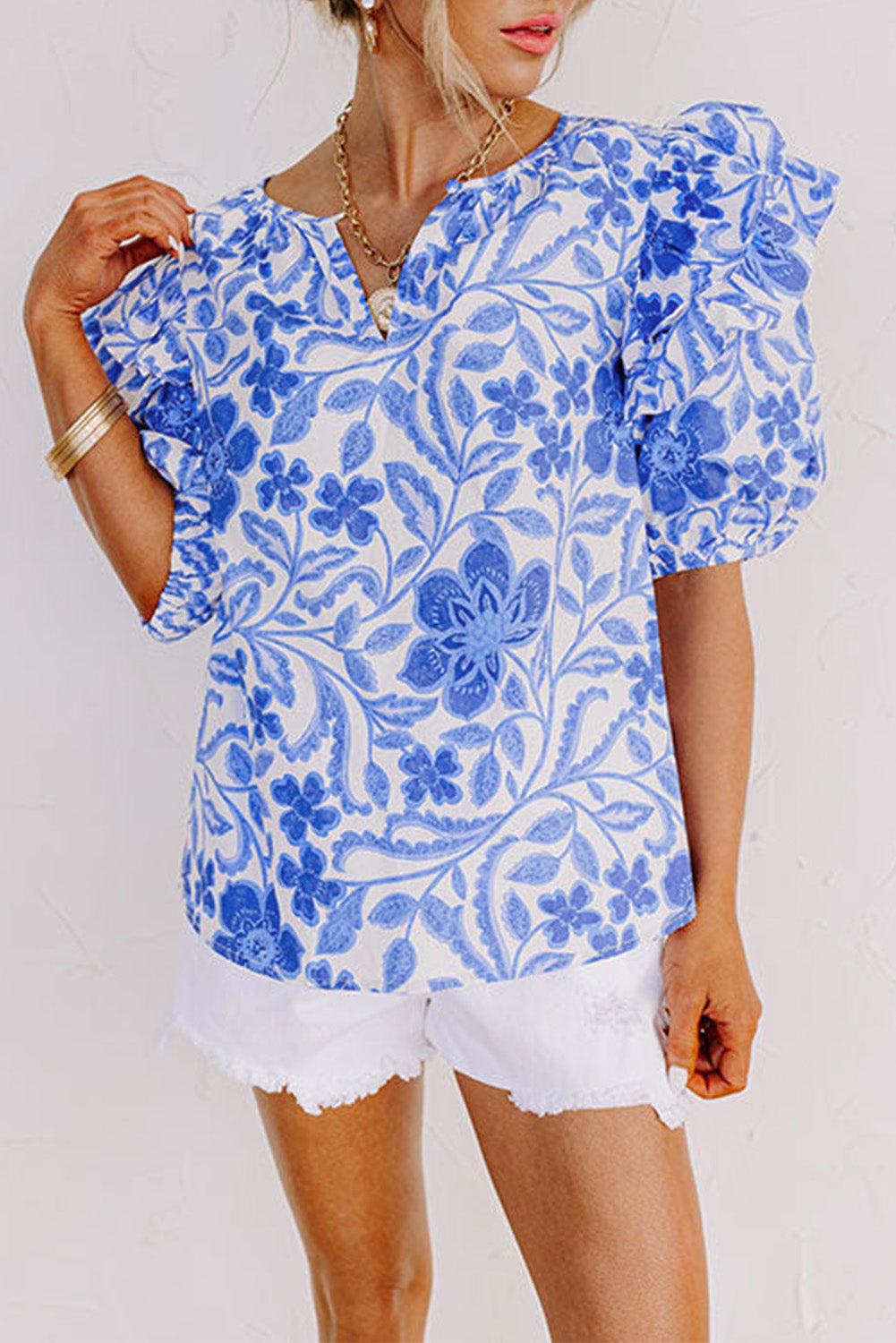 Luxury Floral Print Ruffled Bubble Sleeve Blouse - Concordia Style Boutique