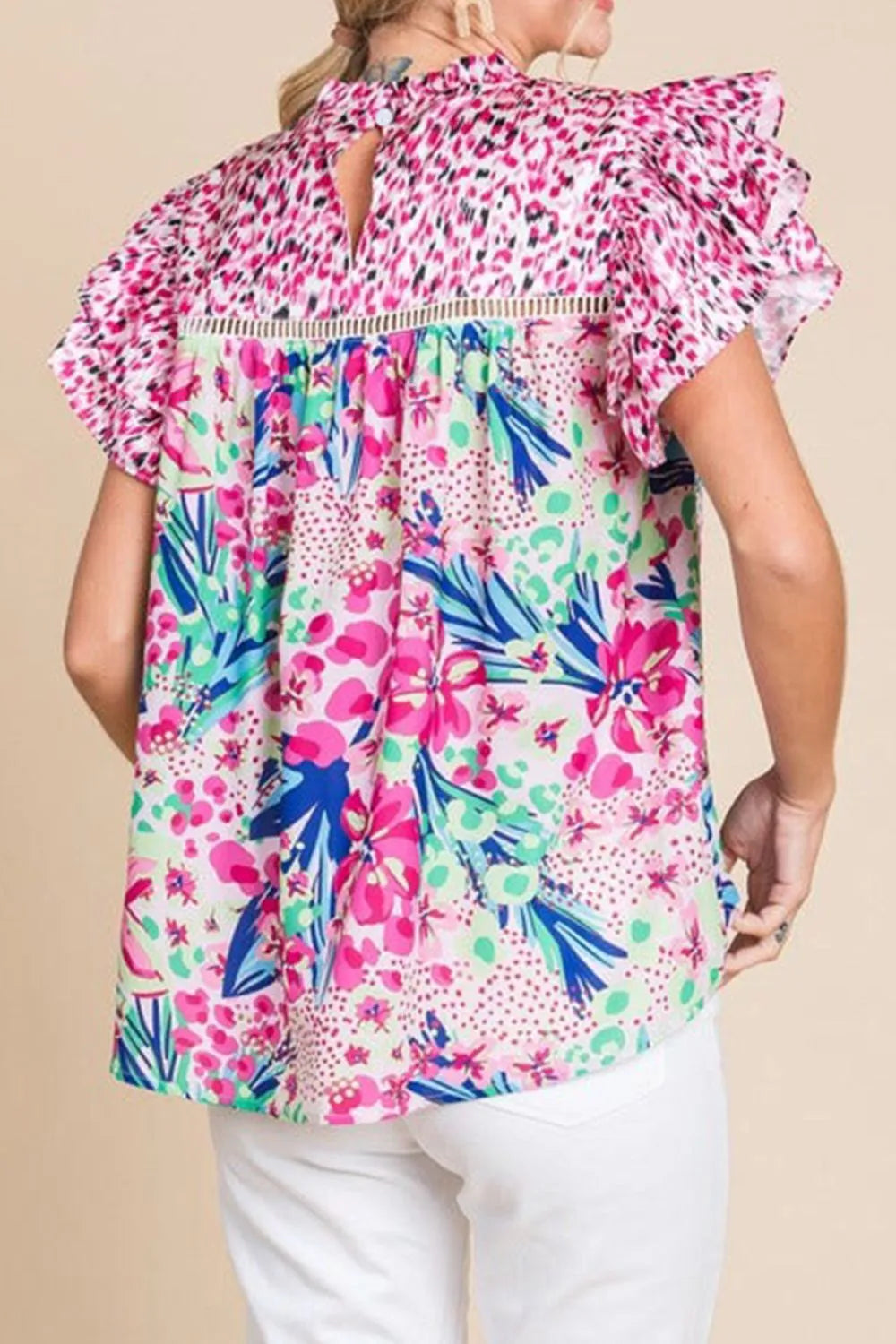Floral Mixed Print Ruffle Cap Sleeve Blouse - Concordia Style Boutique