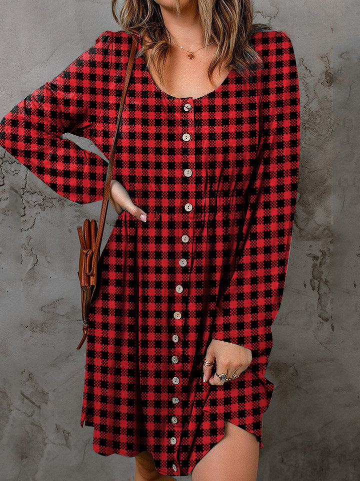 Double Take Full Size Plaid Round Neck Long Sleeve Magic Dress - Concordia Style Boutique