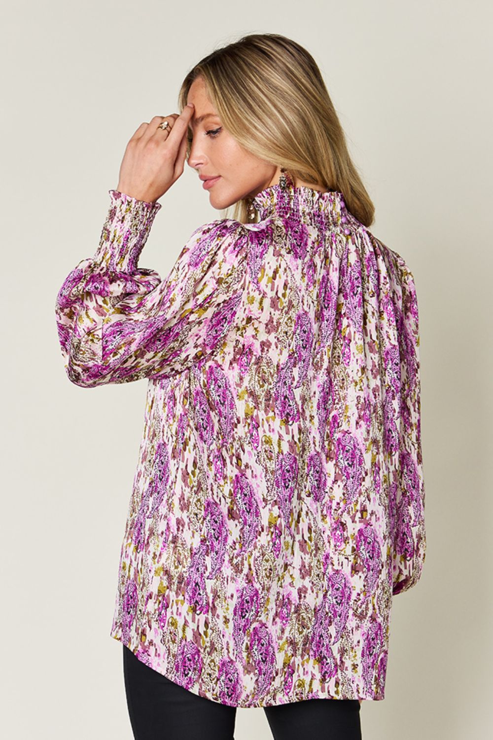 Double Take Full Size Printed Smocked Long Sleeve Blouse - Concordia Style Boutique
