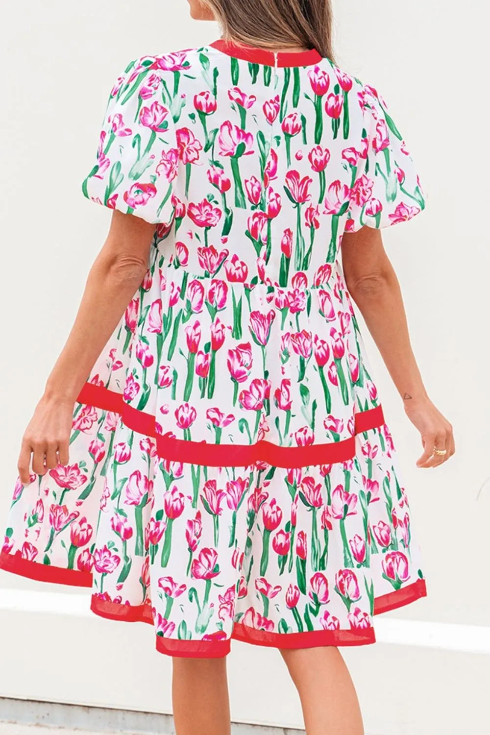 Floral Print Contrast Trim V Neck Bubble Short Sleeve Babydoll Dress - Concordia Style Boutique