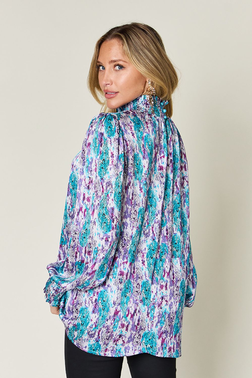 Double Take Full Size Printed Smocked Long Sleeve Blouse - Concordia Style Boutique