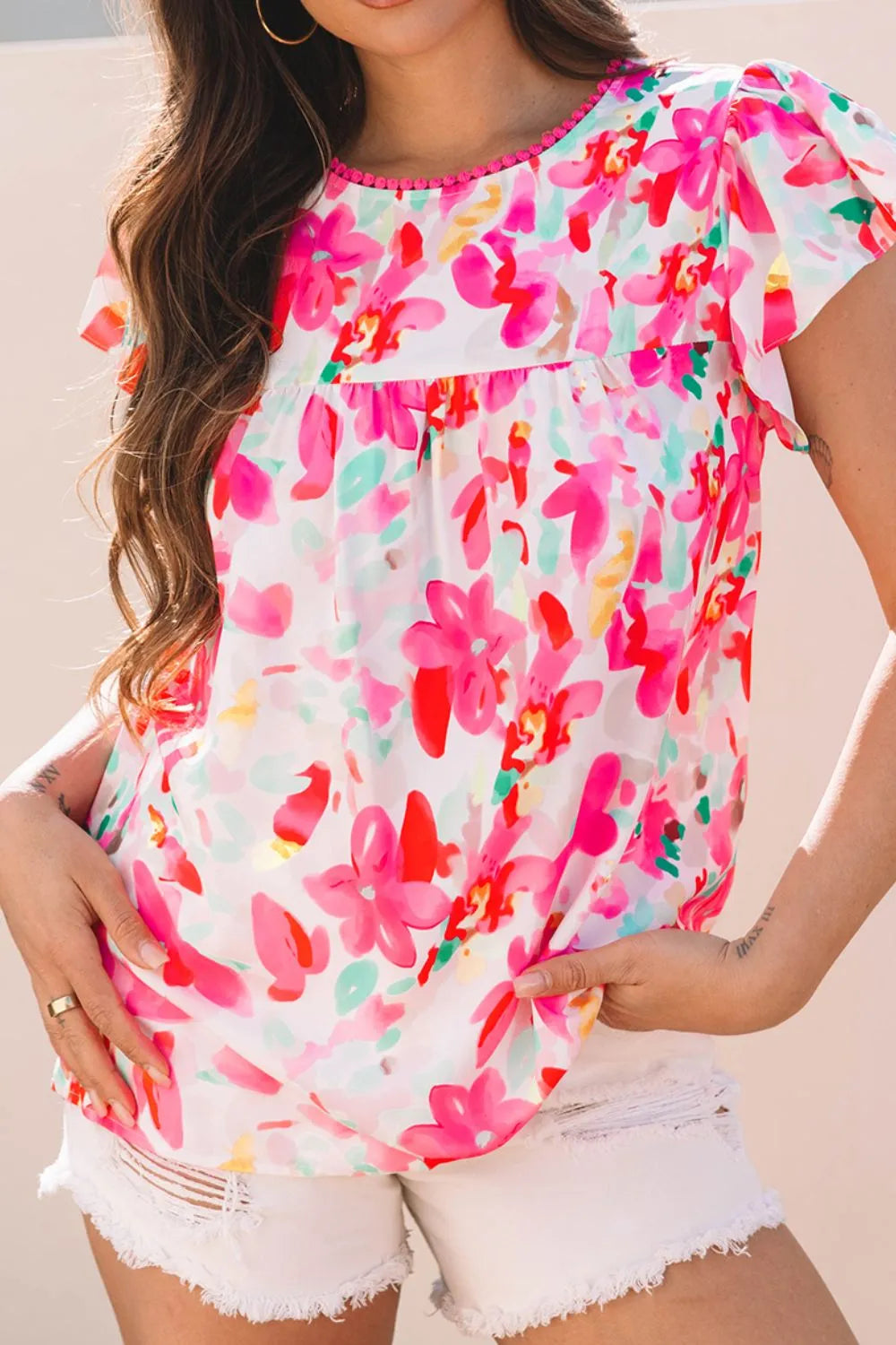 Floral Print Ruffle Sleeve Round Neck Blouse - Concordia Style Boutique