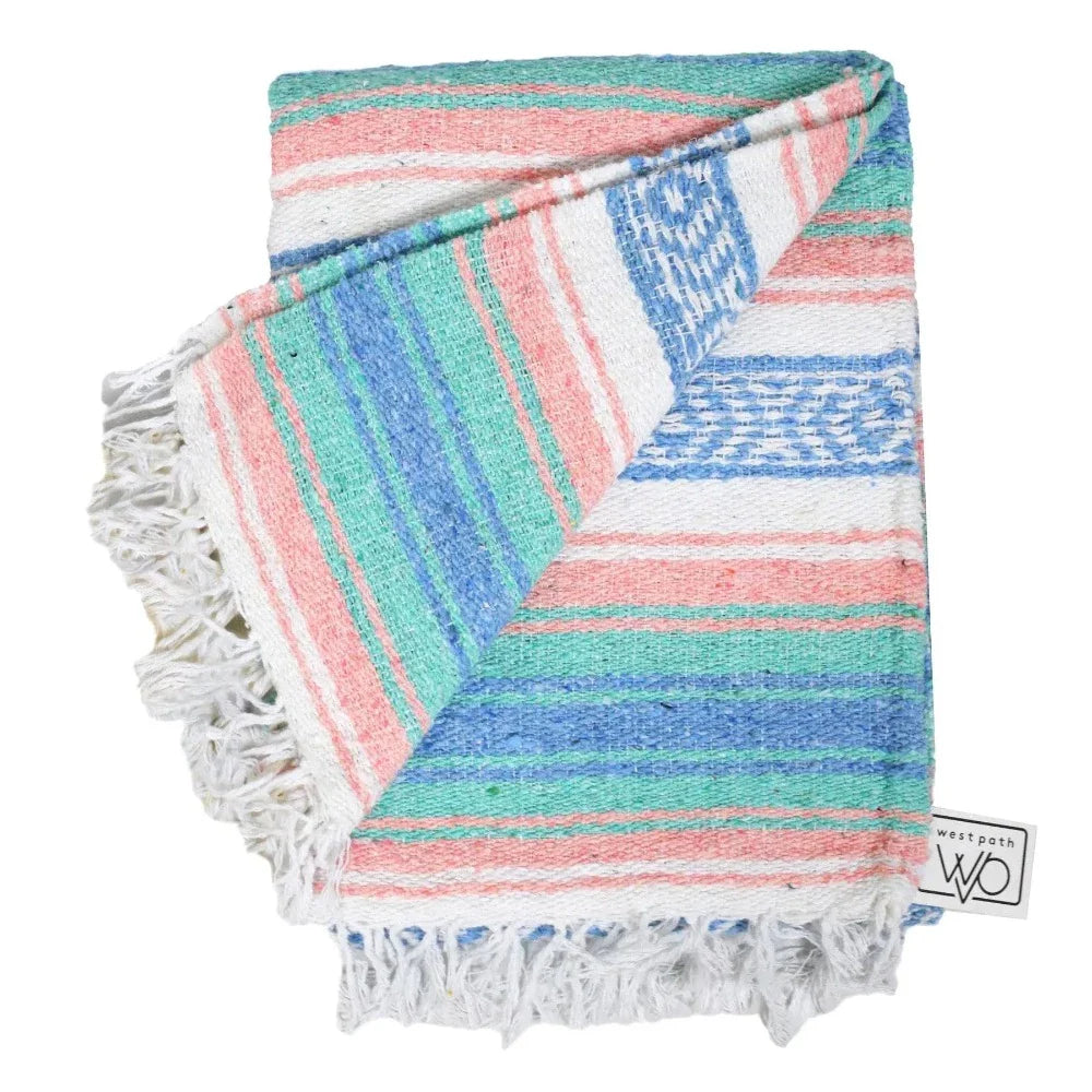 Mint, Blue & Coral Peach Mexican Falsa Blanket - Concordia Style Boutique