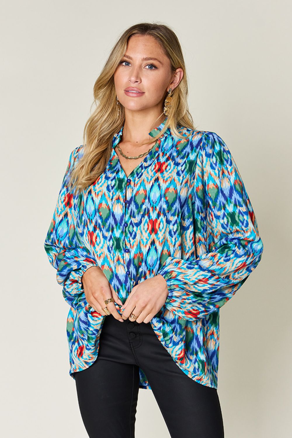 Double Take Full Size Printed Balloon Sleeve Blouse - Concordia Style Boutique