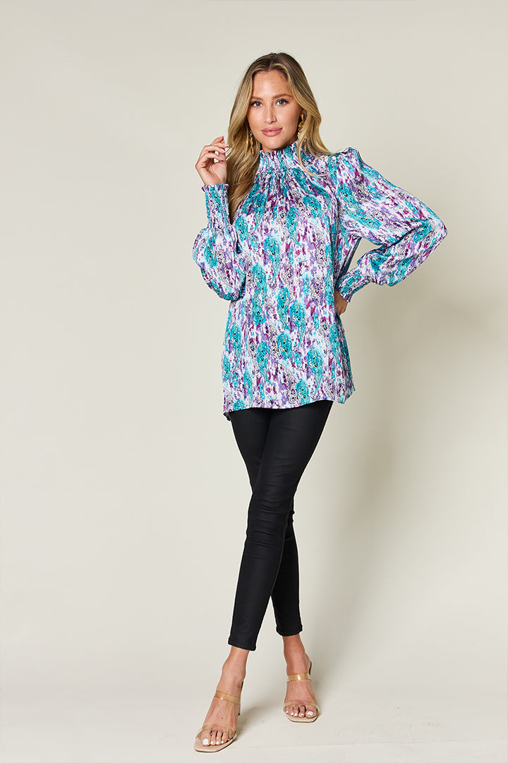 Double Take Full Size Printed Smocked Long Sleeve Blouse - Concordia Style Boutique