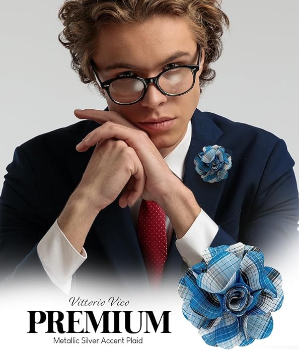 Vittorio Vico Unisex Metallic Silver Accent Plaid Flower Lapel Pin - Concordia Style Boutique