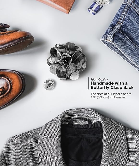 Vittorio Vico Unisex Metallic Silver Accent Plaid Flower Lapel Pin - Concordia Style Boutique