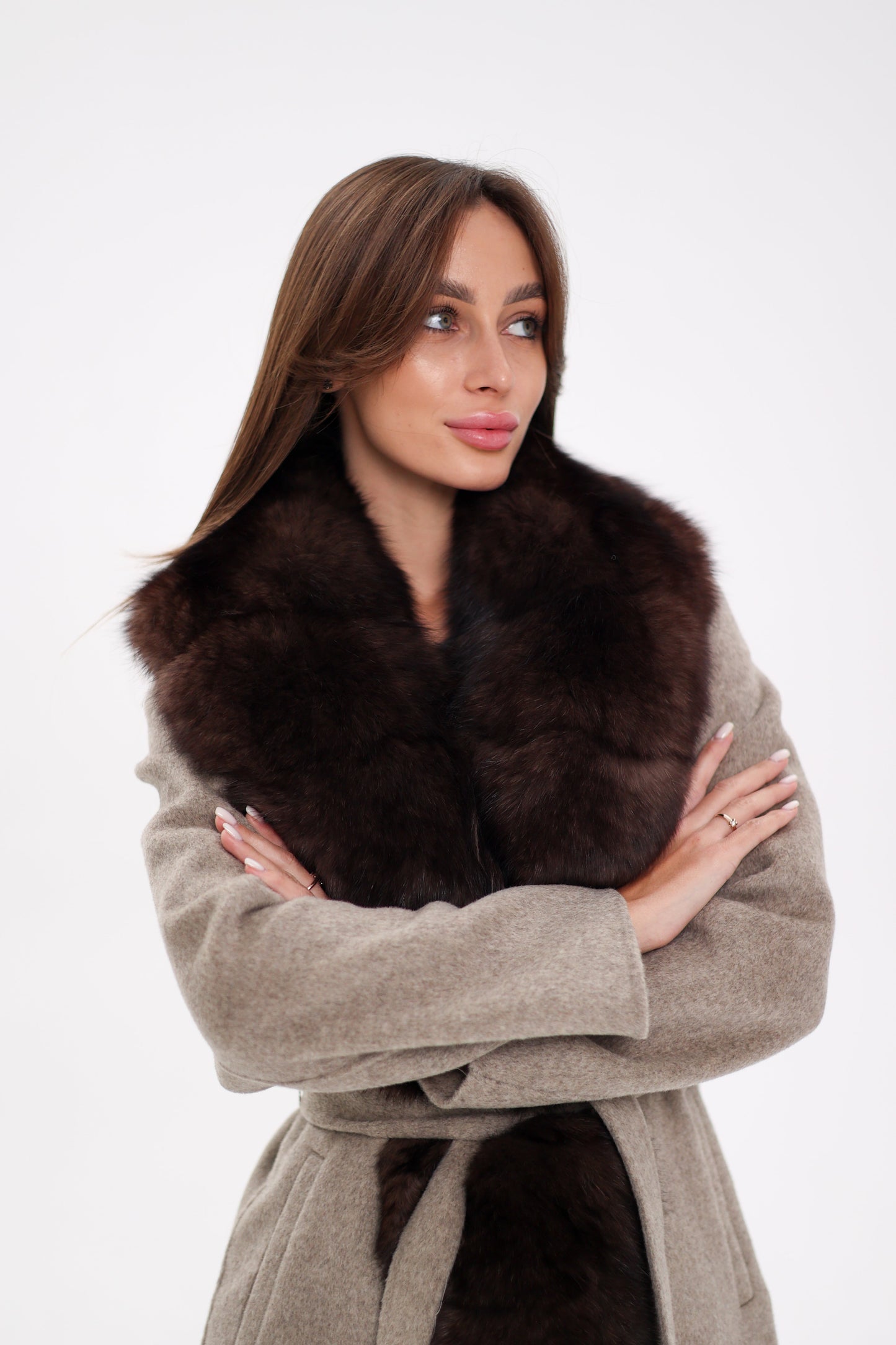 Genuine Polar Fox Fur Virgin Wool Coat