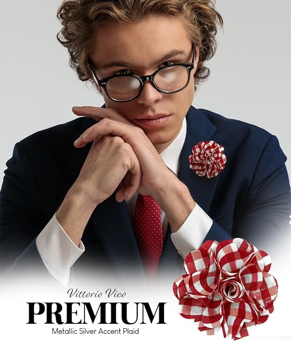 Vittorio Vico Unisex Metallic Silver Accent Plaid Flower Lapel Pin - Concordia Style Boutique