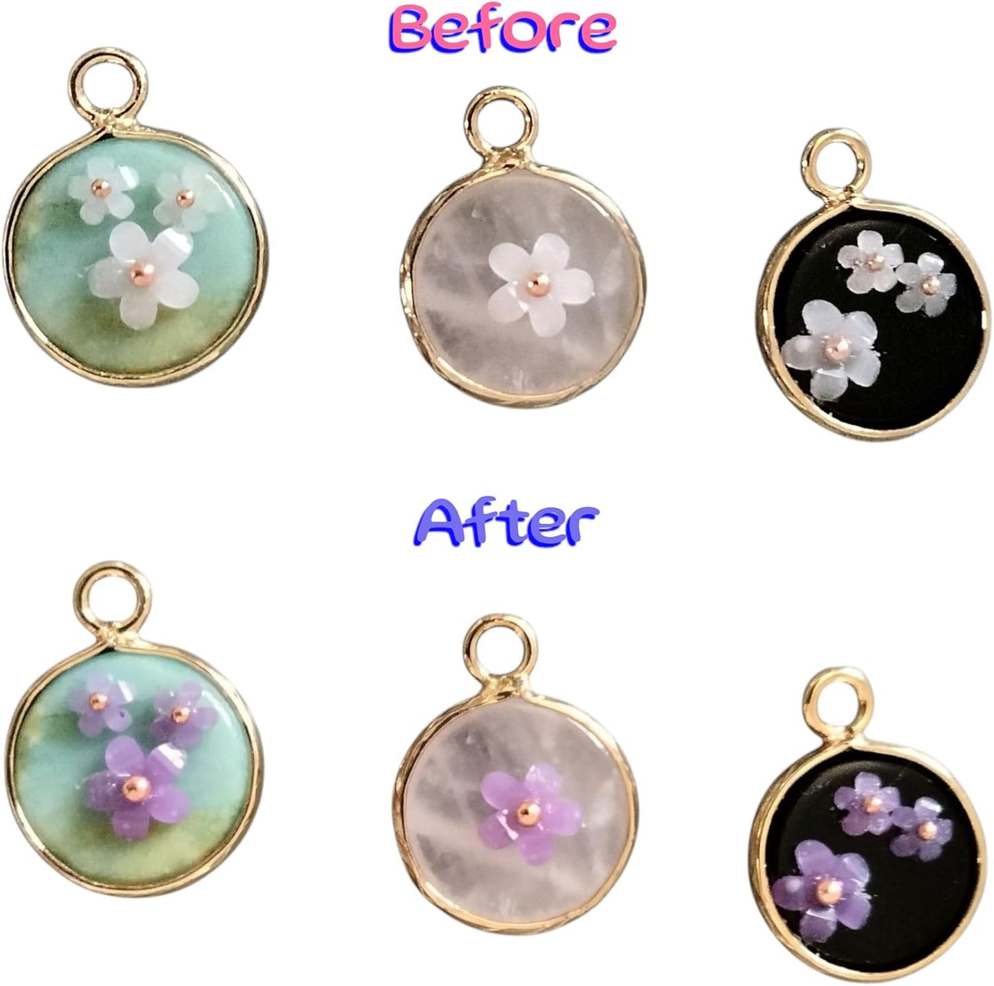 18K Gold Plated Natural Stone Necklace with Color Changing Floral Design, Black Obsidian, Amazonite, Rose Quartz, UV Reactive