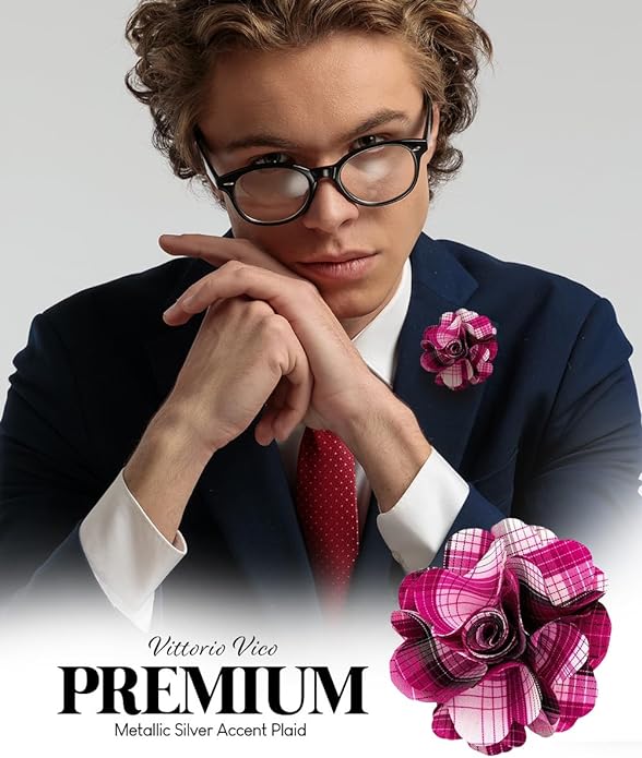 Vittorio Vico Unisex Metallic Silver Accent Plaid Flower Lapel Pin - Concordia Style Boutique