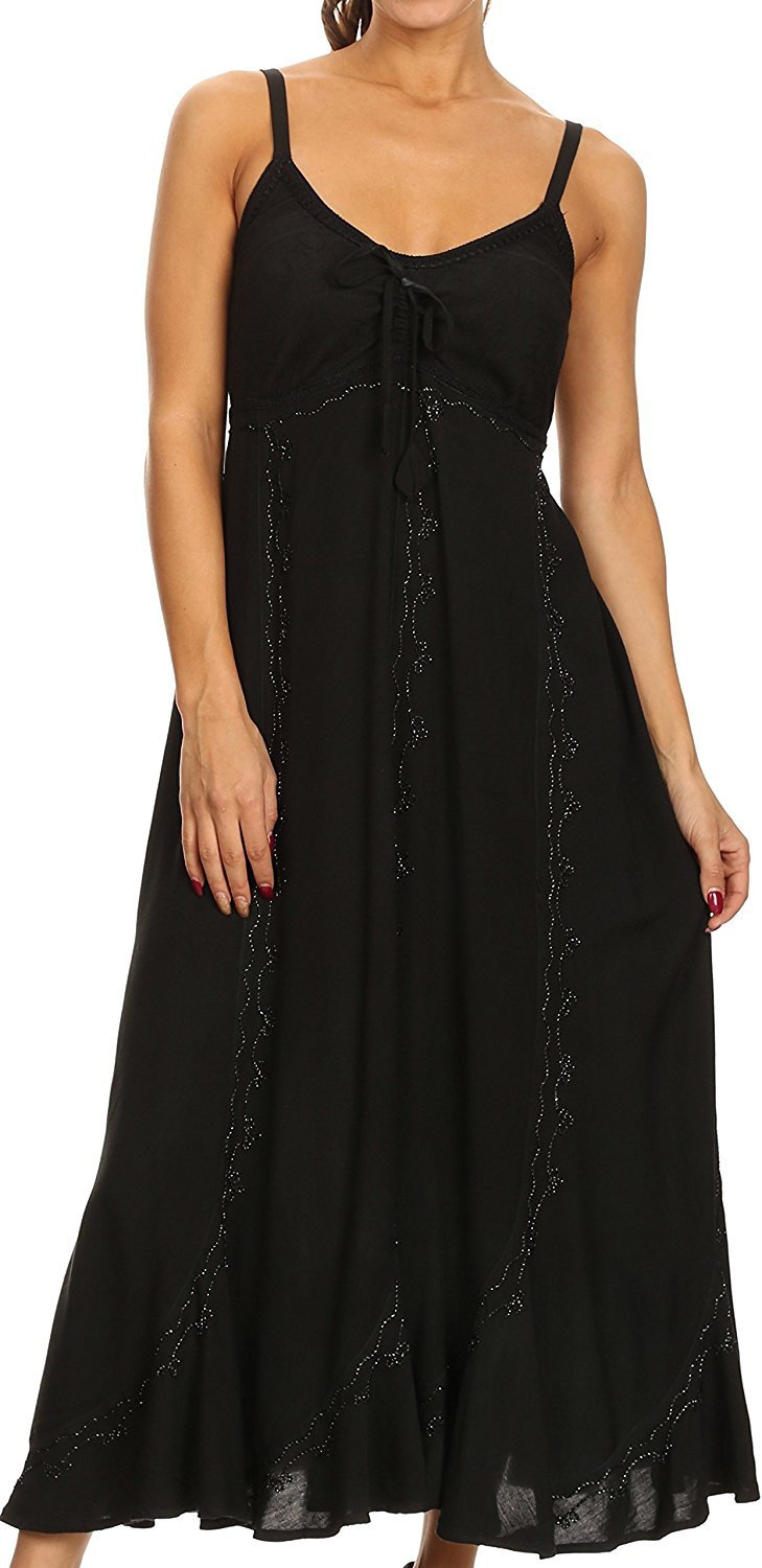 Sakkas Allie Stonewashed Embroidered Adjustable Spaghetti Straps Long Dress - Concordia Style Boutique