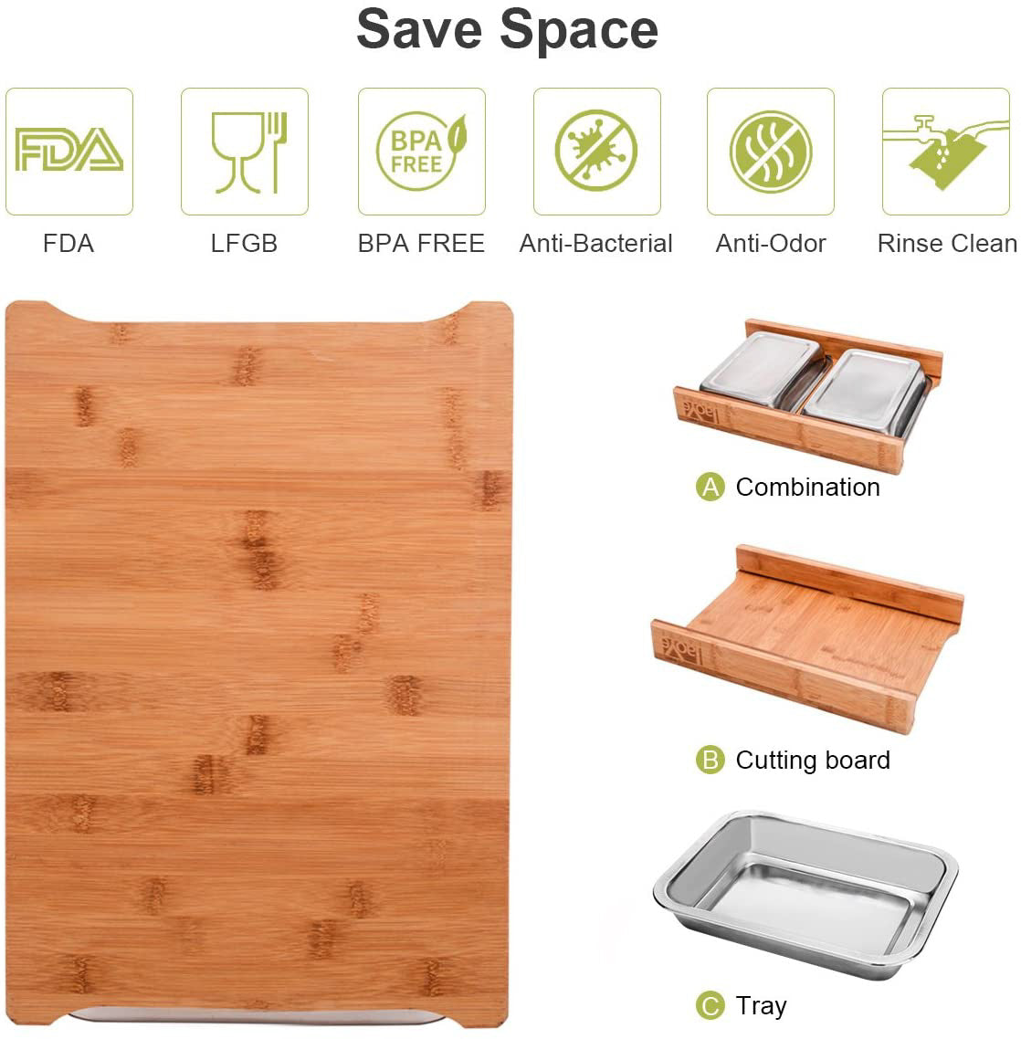 Bamboo Cutting Board with 2 Organizing Stainless Steel Trays - Concordia Style Boutique