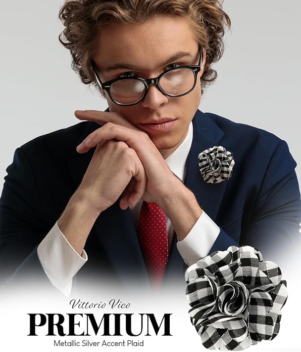 Vittorio Vico Unisex Metallic Silver Accent Plaid Flower Lapel Pin - Concordia Style Boutique