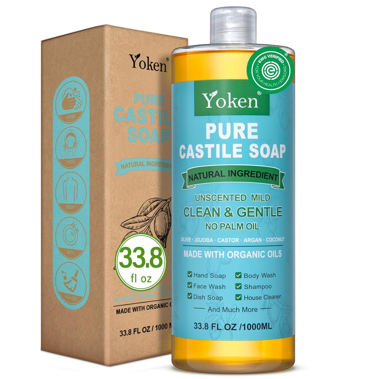 Yoken EWG Verified Castile Soap Liquid Unscented 33.8 fl oz Pure Castile Liquid Soap Made With Organic Oil, Clean & Gentle, Natural Castor Oil Soap for Body Wash, Hand, Dishes, Laundry, No Fragrance - Premium Soap from Concordia Style Boutique - Just $23! Shop now at Concordia Style Boutique