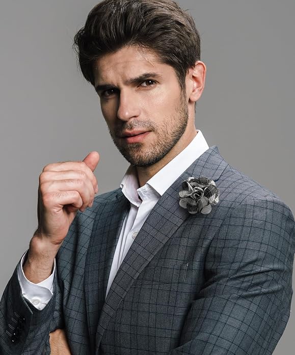 Vittorio Vico Unisex Metallic Silver Accent Plaid Flower Lapel Pin - Concordia Style Boutique