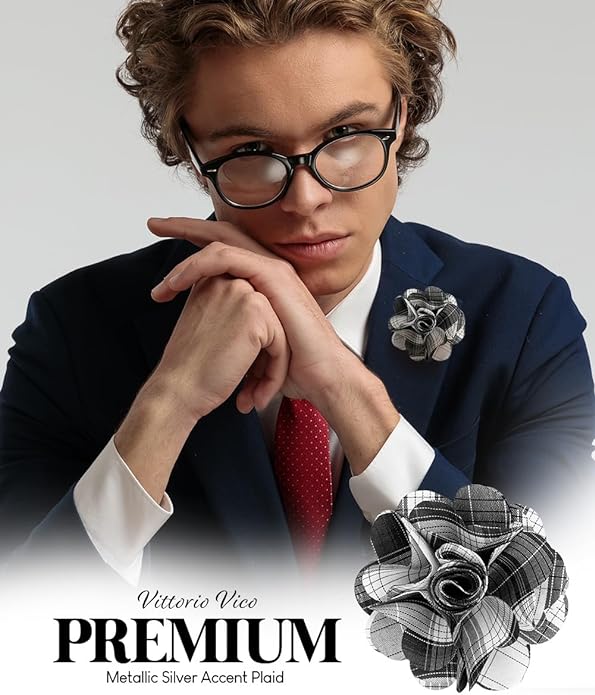 Vittorio Vico Unisex Metallic Silver Accent Plaid Flower Lapel Pin - Concordia Style Boutique