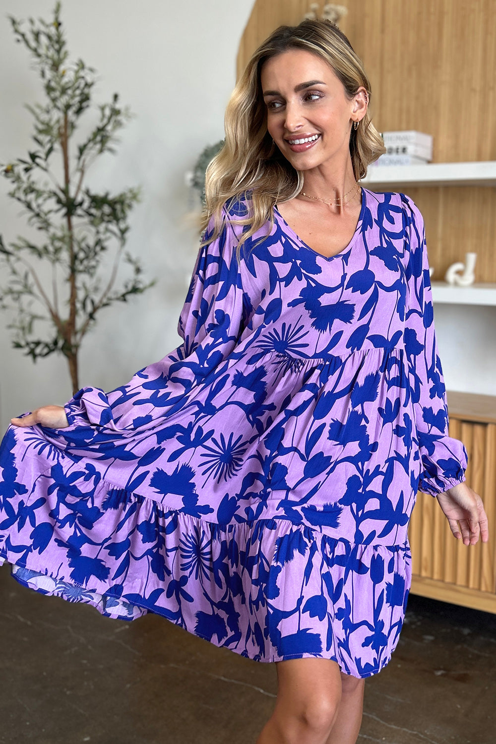 Double Take Full Size Printed Ruffle Hem Long Sleeve Dress - Concordia Style Boutique