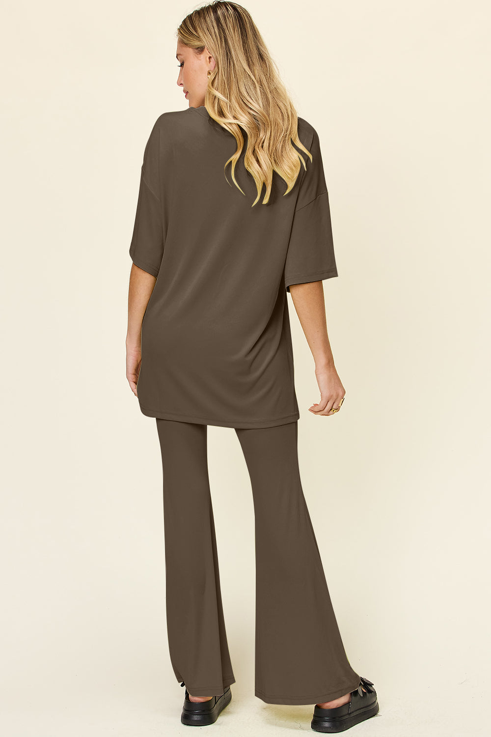 Double Take Full Size Round Neck Drop Shoulder T-Shirt and Flare Pants Set - Concordia Style Boutique
