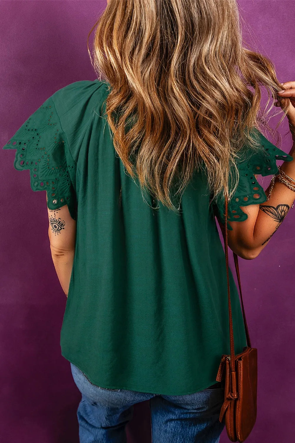 Eyelet Embroidered Sleeve Tie Neck Blouse - Concordia Style Boutique