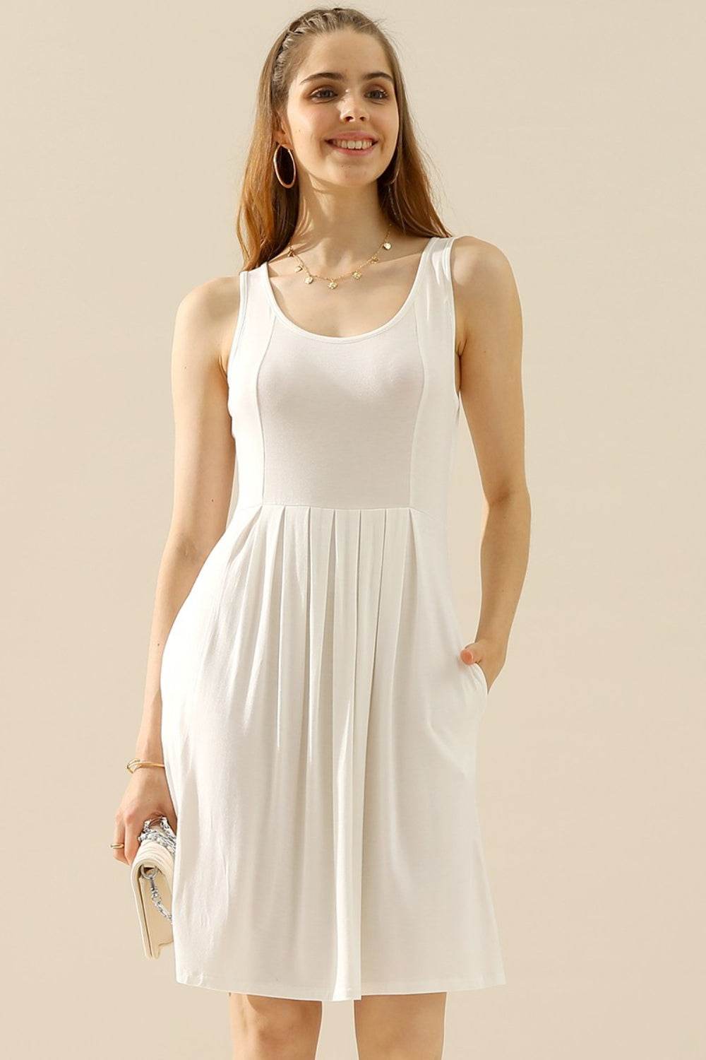 Doublju Full Size Round Neck Ruched Sleeveless Dress with Pockets - Concordia Style Boutique