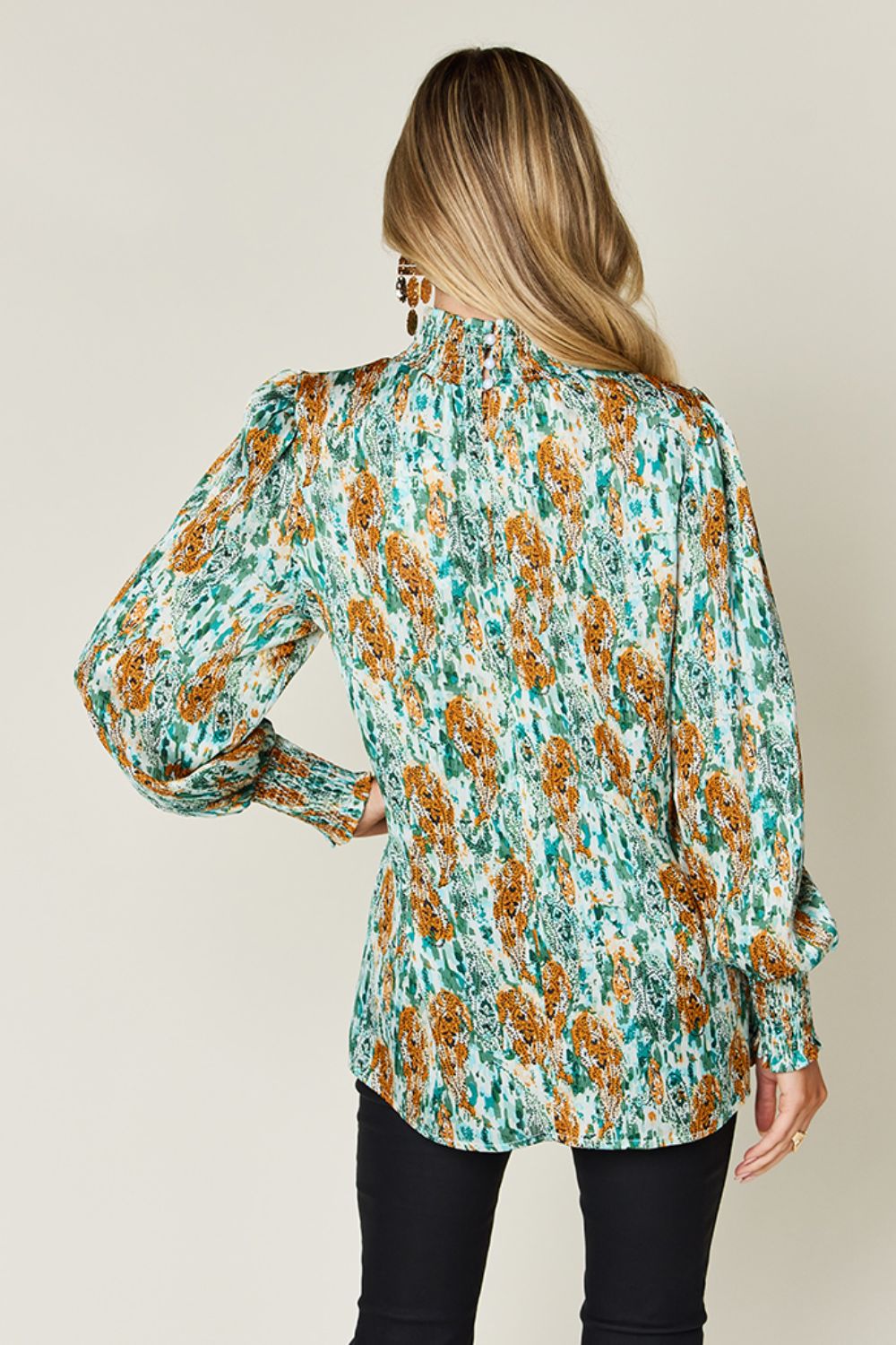 Double Take Full Size Printed Smocked Long Sleeve Blouse - Concordia Style Boutique