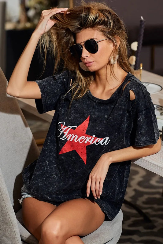 BiBi Laser Cut Mineral Washed Jersey Top with  America in Black