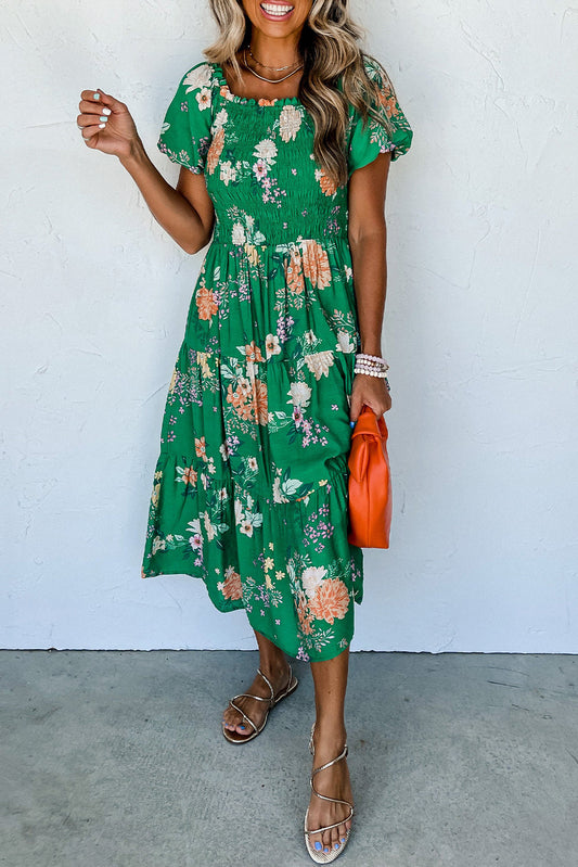 Luxury Floral Print Bubble Sleeve Smocked Tiered Midi Dress - Concordia Style Boutique