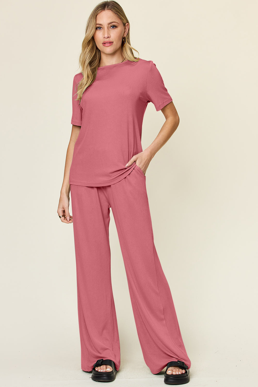 Double Take Full Size Round Neck Short Sleeve T-Shirt and Wide Leg Pants Set - Concordia Style Boutique