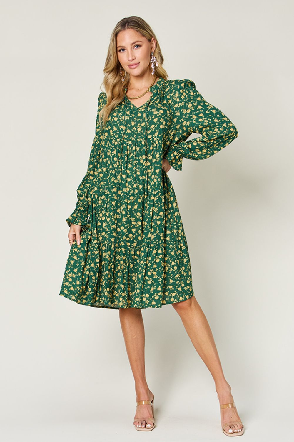 Double Take Full Size Printed Ruffle Hem Long Sleeve Dress - Concordia Style Boutique