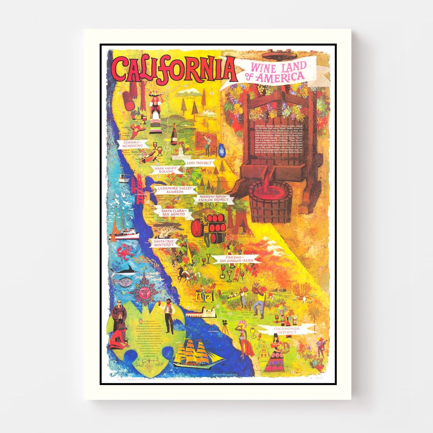 Vintage California Wine Country Map 1960 - Concordia Style Boutique