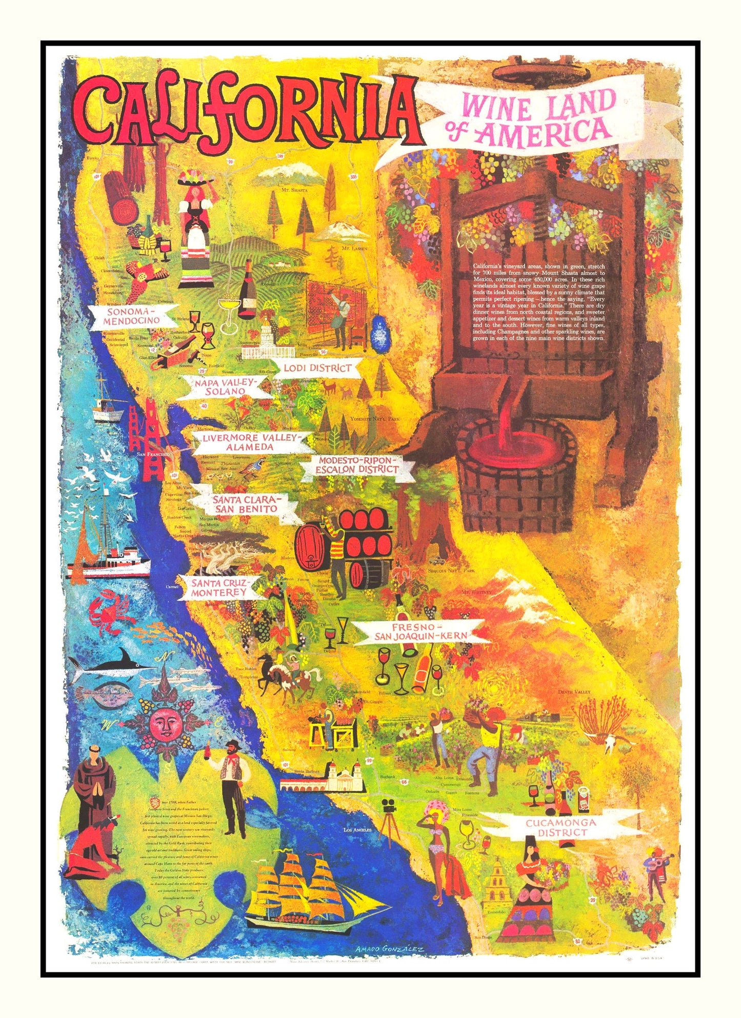 Vintage California Wine Country Map 1960 - Concordia Style Boutique