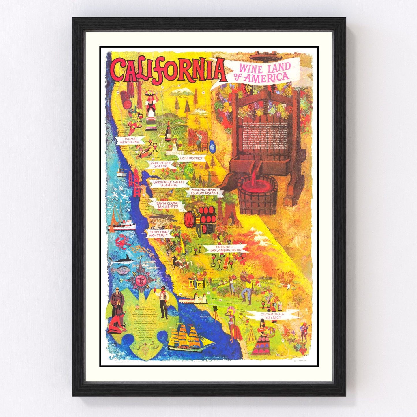 Vintage California Wine Country Map 1960 - Concordia Style Boutique