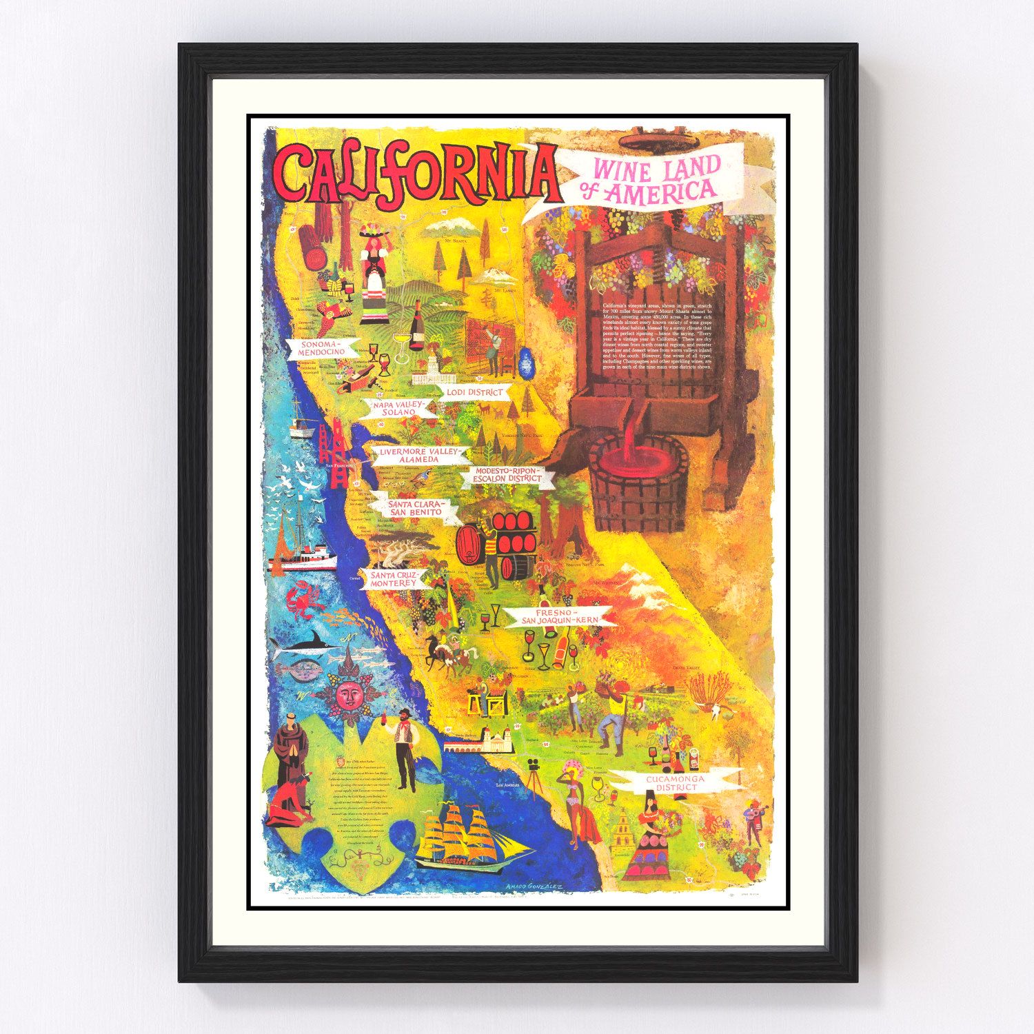 Vintage California Wine Country Map 1960 - Concordia Style Boutique