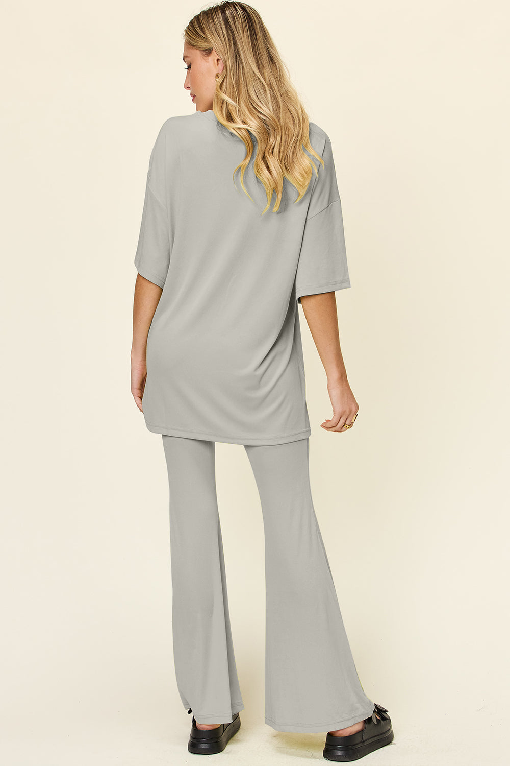 Double Take Full Size Round Neck Drop Shoulder T-Shirt and Flare Pants Set - Concordia Style Boutique