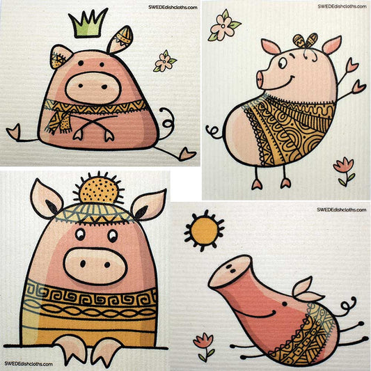 Mixed Cute Pigs Set of 4 cloths (One of each design) Swedish Dishcloths ECO Absorbent Cleaning Cloth - Concordia Style Boutique