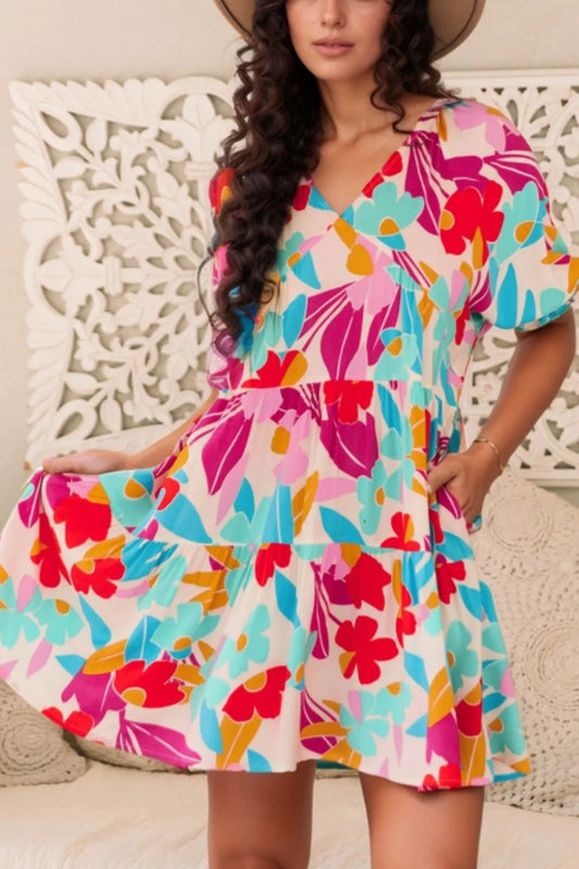 Floral Bubble Sleeve V Neck Tiered Ruffle Babydoll Dress - Concordia Style Boutique
