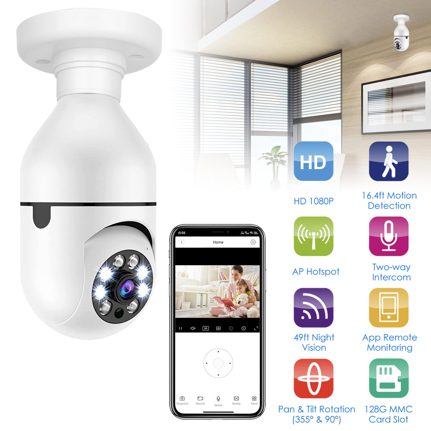 WiFi Bulb Camera 1080P - Security Surveillance Camera With Two-Way Audio + Night Vision Motion Detection