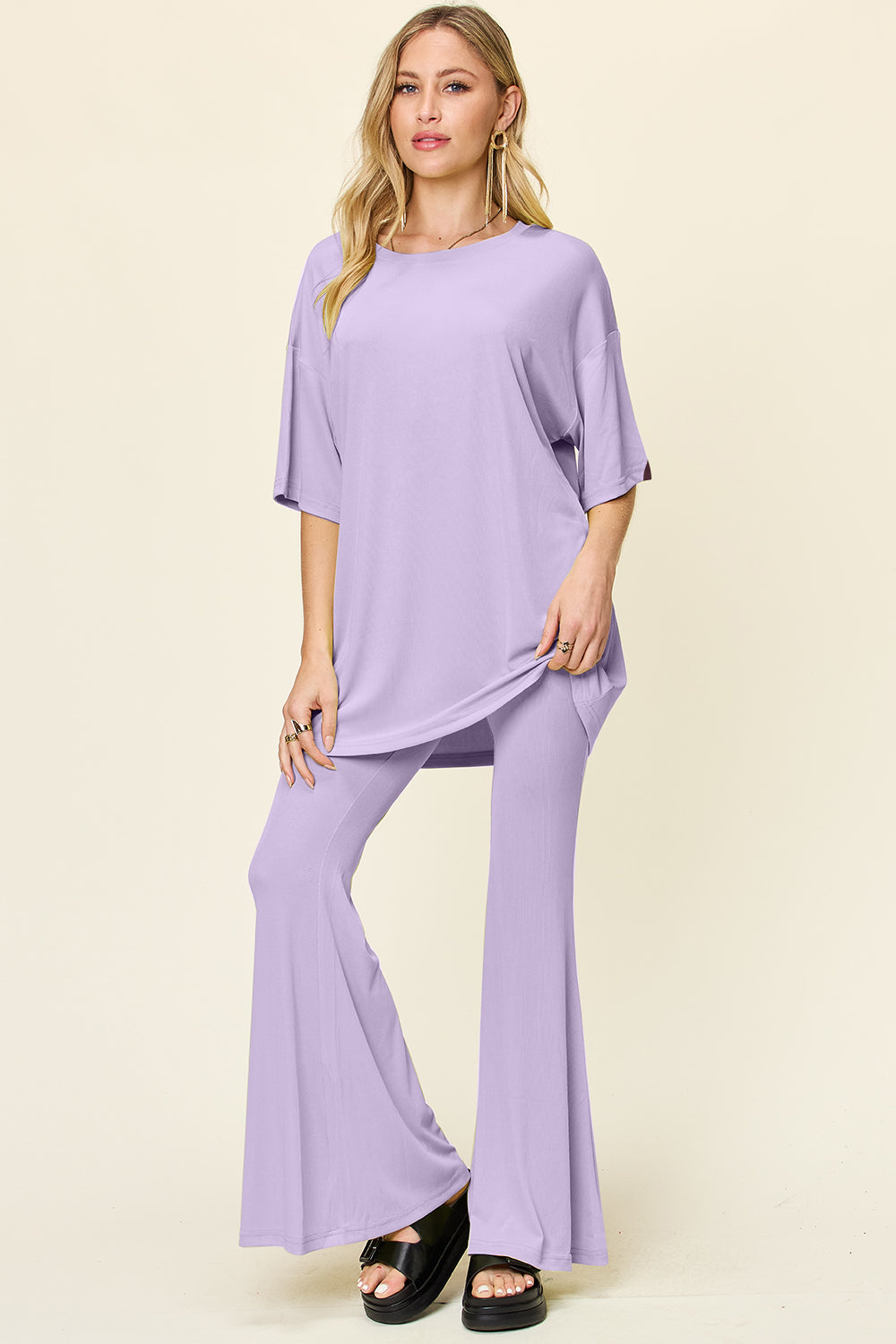 Double Take Full Size Round Neck Drop Shoulder T-Shirt and Flare Pants Set - Concordia Style Boutique