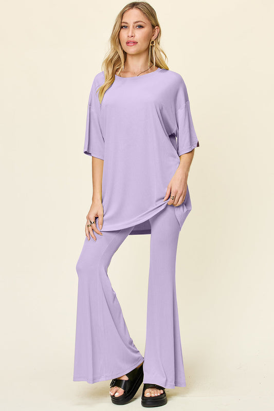 Double Take Full Size Round Neck Drop Shoulder T-Shirt and Flare Pants Set - Concordia Style Boutique