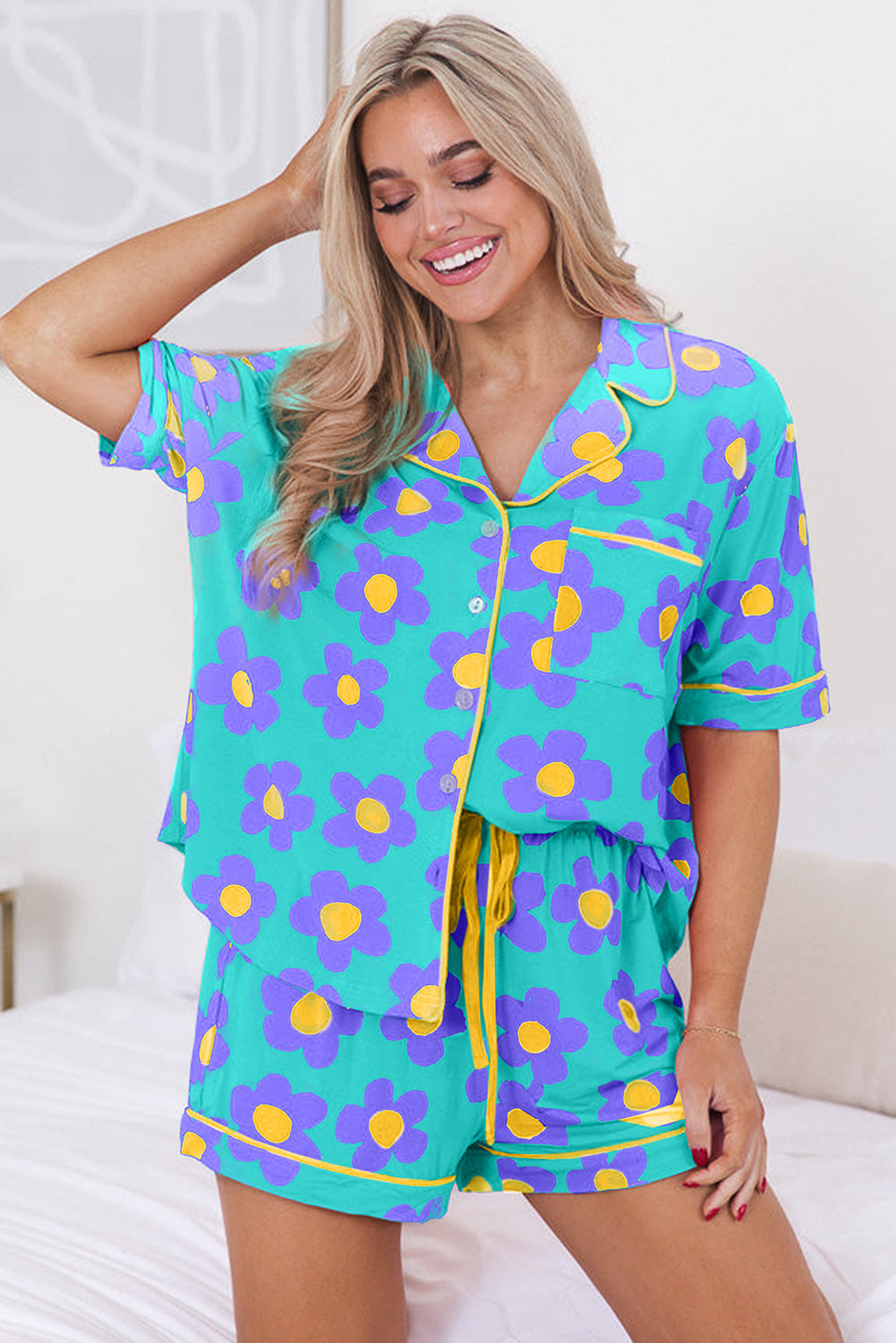 Luxury Flower Print Buttoned Shirt And Drawstring Waist Pajama Set - Concordia Style Boutique