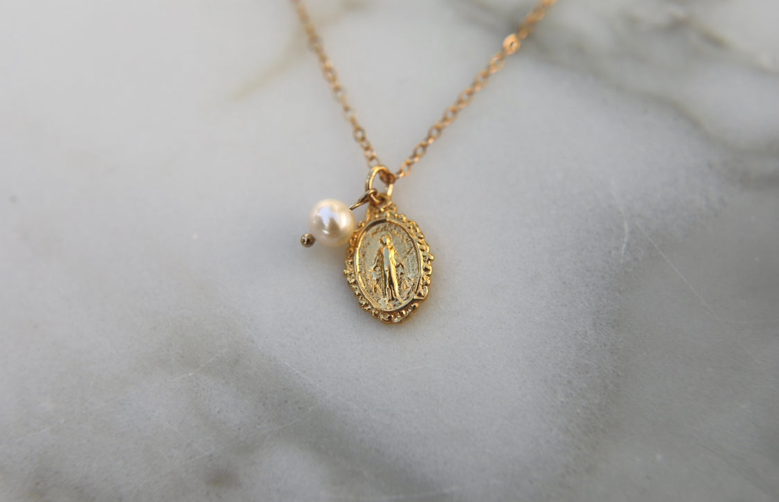 Intricate Miraculous Medal Necklace with Pearl