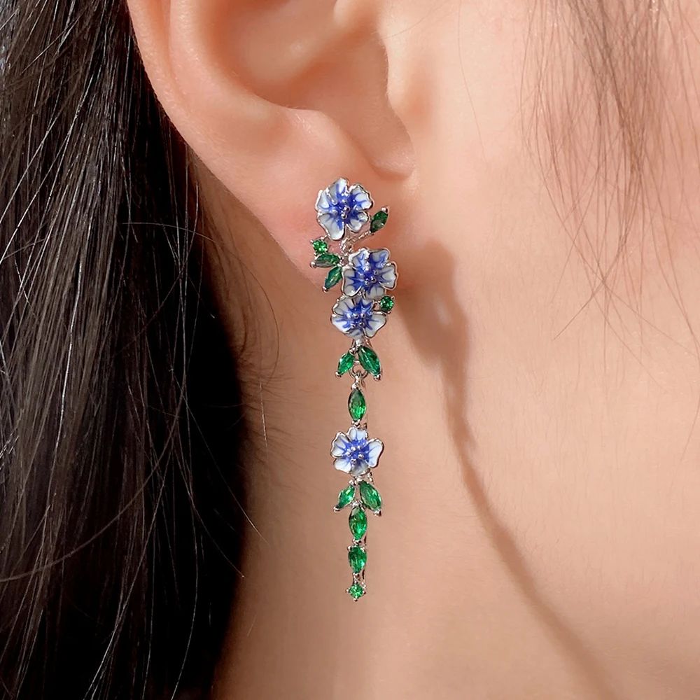 BLUE FLOWER CHAIN EARRINGS (PAIR) - Concordia Style Boutique