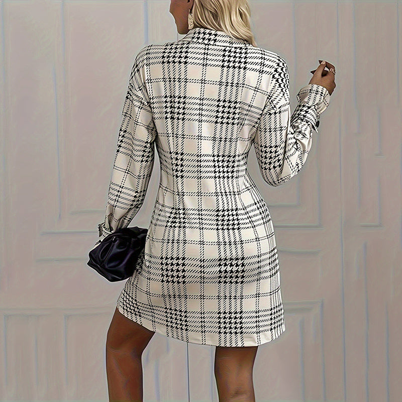 Elegant Plaid Shirt Dress — Ruched Waist A-Line Mini with Long Sleeves