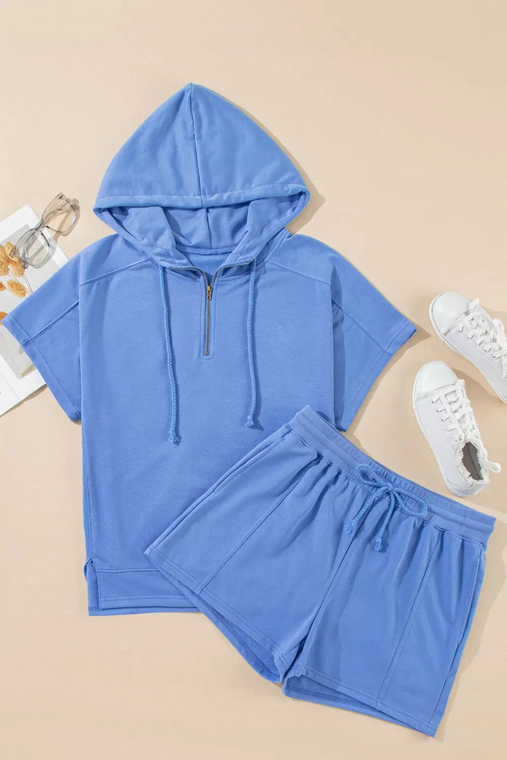 Drawstring Zipped Short Sleeve Hoodie and Shorts Set - Concordia Style Boutique